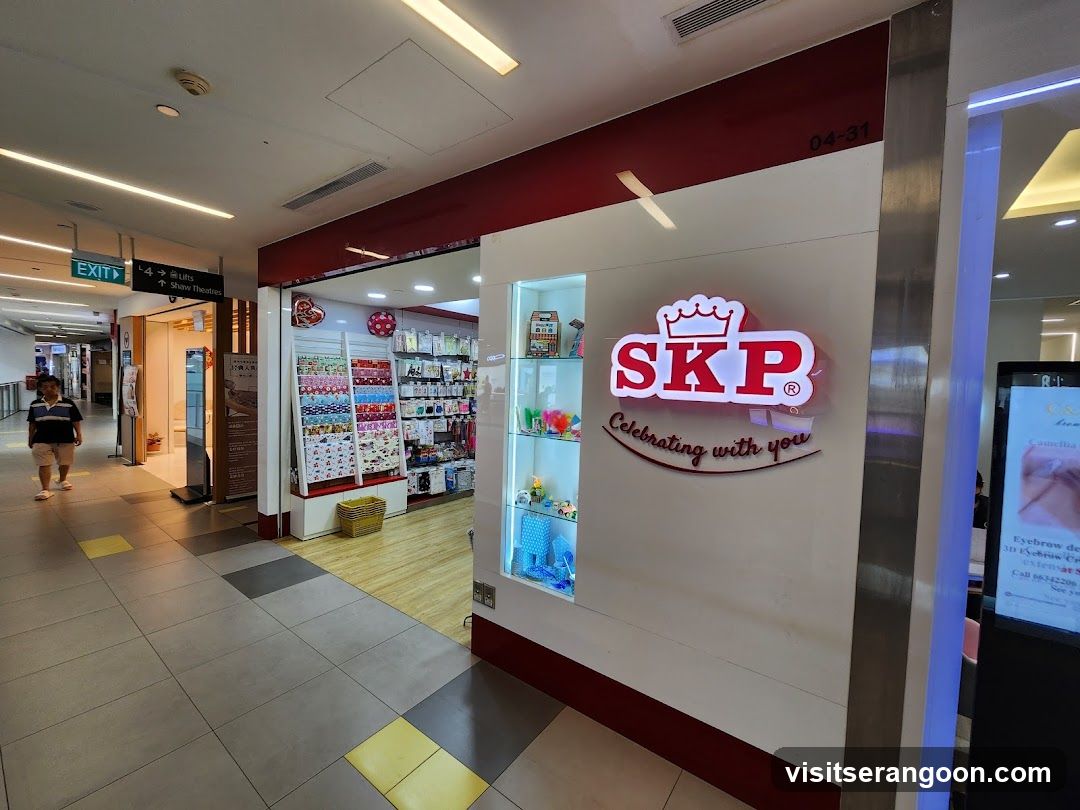A view of a retail store entrance inside a shopping mall. The storefront features a large white facade with a red header and the illuminated logo 'SKP Celebrating with you'. A glass display case is built into the wall, and the open entrance reveals shelves stocked with various colorful merchandise inside.