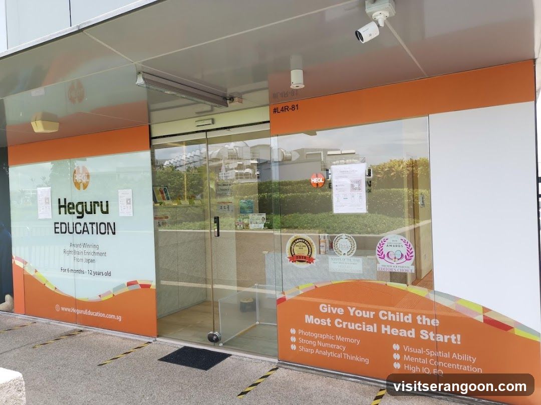 A glass storefront entrance for an educational center. The facade features large orange and white panels. The left panel displays the business name 'Heguru EDUCATION' along with the tagline 'Award Winning Right Brain Enrichment From Japan' and the website URL. The right panel contains a large promotional message: 'Give Your Child the Most Crucial Head Start!' followed by a list of benefits including 'Photographic Memory', 'Strong Numeracy', 'Sharp Analytical Thinking', 'Visual-Spatial Ability', 'Mental Concentration', and 'High IQ, EQ'. A unit number '#L4R-81' is visible above the door frame.