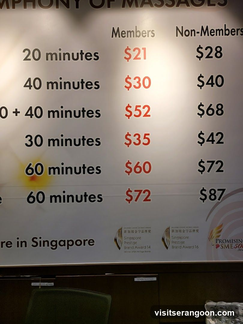 A printed price list for massage services, divided into Members and Non-Members columns. The list details various duration options and their corresponding prices in dollars. Awards and branding information are visible at the bottom.