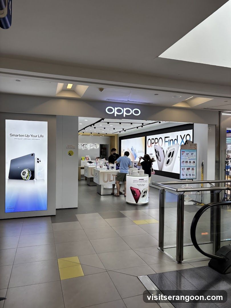 A view of an OPPO electronics store located inside a shopping mall. The store features a prominent overhead sign with the 'oppo' logo in white lettering. To the left of the entrance is a large vertical digital display advertising a tablet and smartwatch with the text 'Smarten Up Your Life'. Inside the store, customers are browsing products on white display tables. A large back wall advertisement showcases the 'OPPO Find X8' smartphone series. The foreground shows the tiled floor of the mall and the metal railing of an escalator.