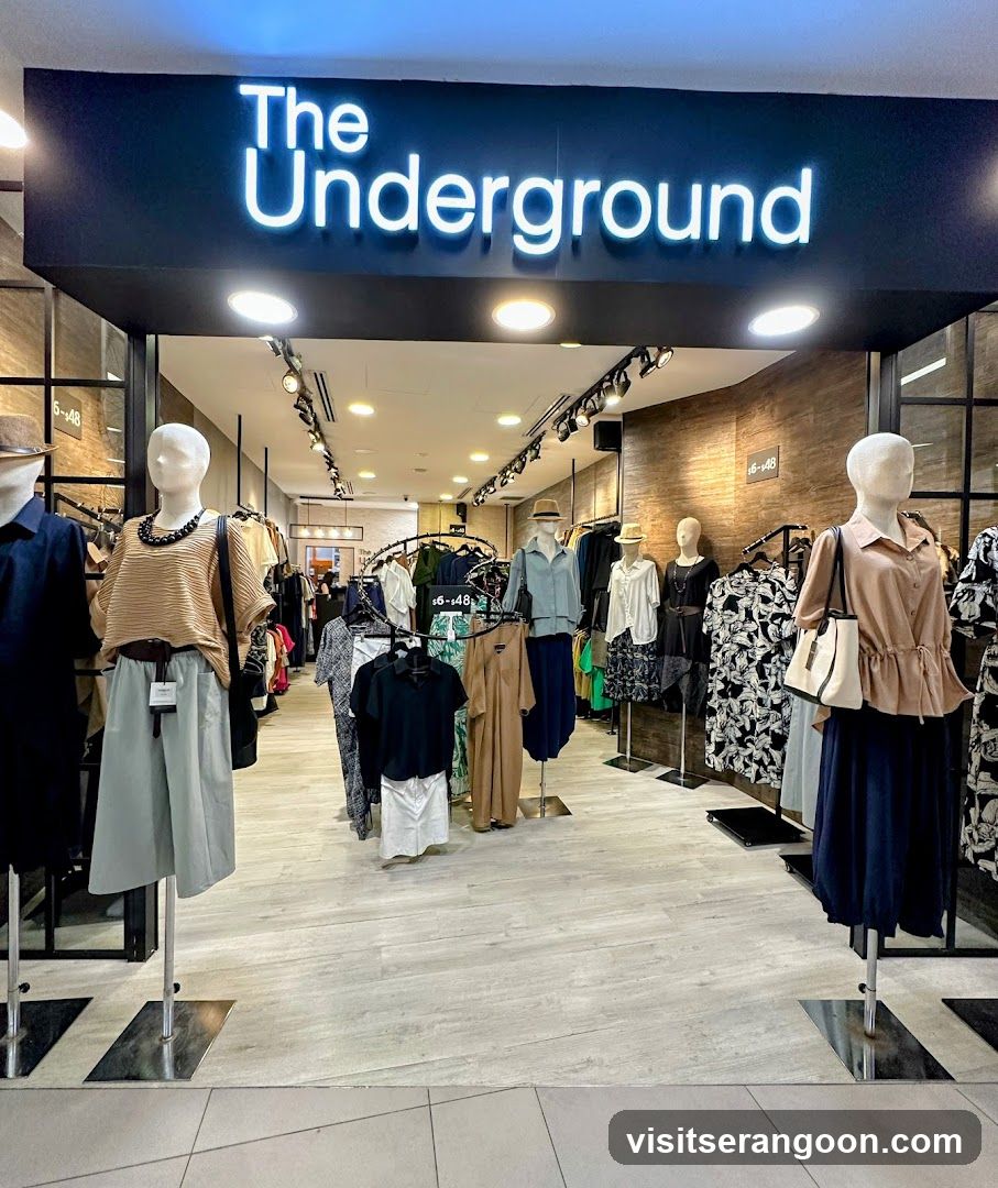 A view of the entrance to a clothing store named 'The Underground'. The store name is displayed in large, white, illuminated letters on a black sign above the entrance. Inside, mannequins are dressed in various outfits, and racks of clothing are visible. The store has light wood flooring and track lighting.