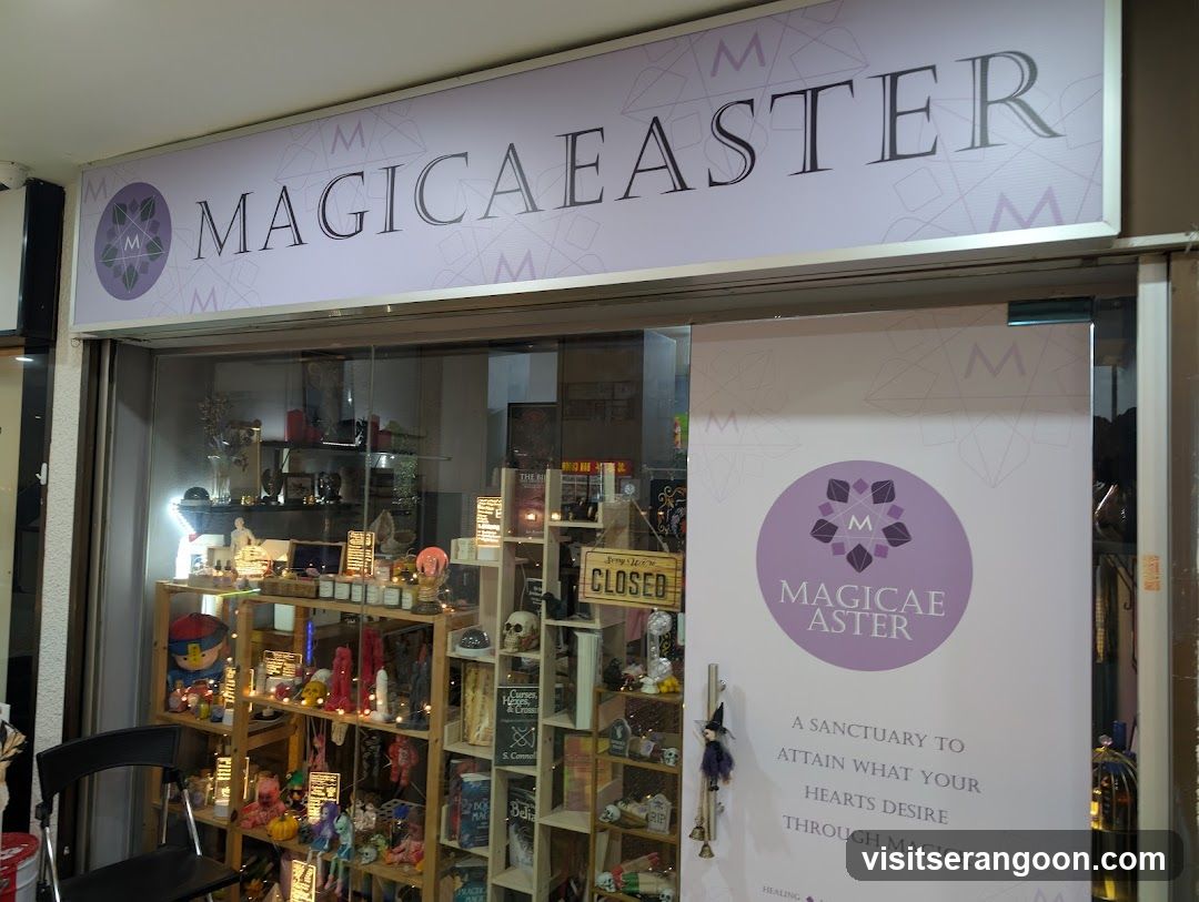 A storefront with a large white sign reading 'MAGICAEASTER' in dark serif font. The entrance is open, revealing shelves of merchandise inside. A large white poster stands in the doorway with a purple circular logo and text reading 'MAGICAE ASTER' and 'A SANCTUARY TO ATTAIN WHAT YOUR HEARTS DESIRE THROUGH MAGICK'. A small wooden 'STORE IS CLOSED' sign is visible on a shelf inside.