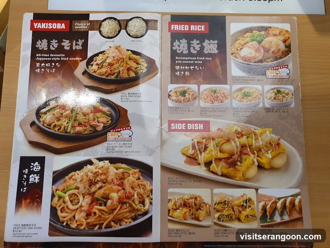 A printed menu page featuring sections for Yakisoba, Fried Rice, and Side Dishes with photos and prices.