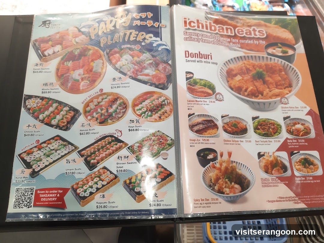 A menu featuring various sushi platters and donburi bowls.