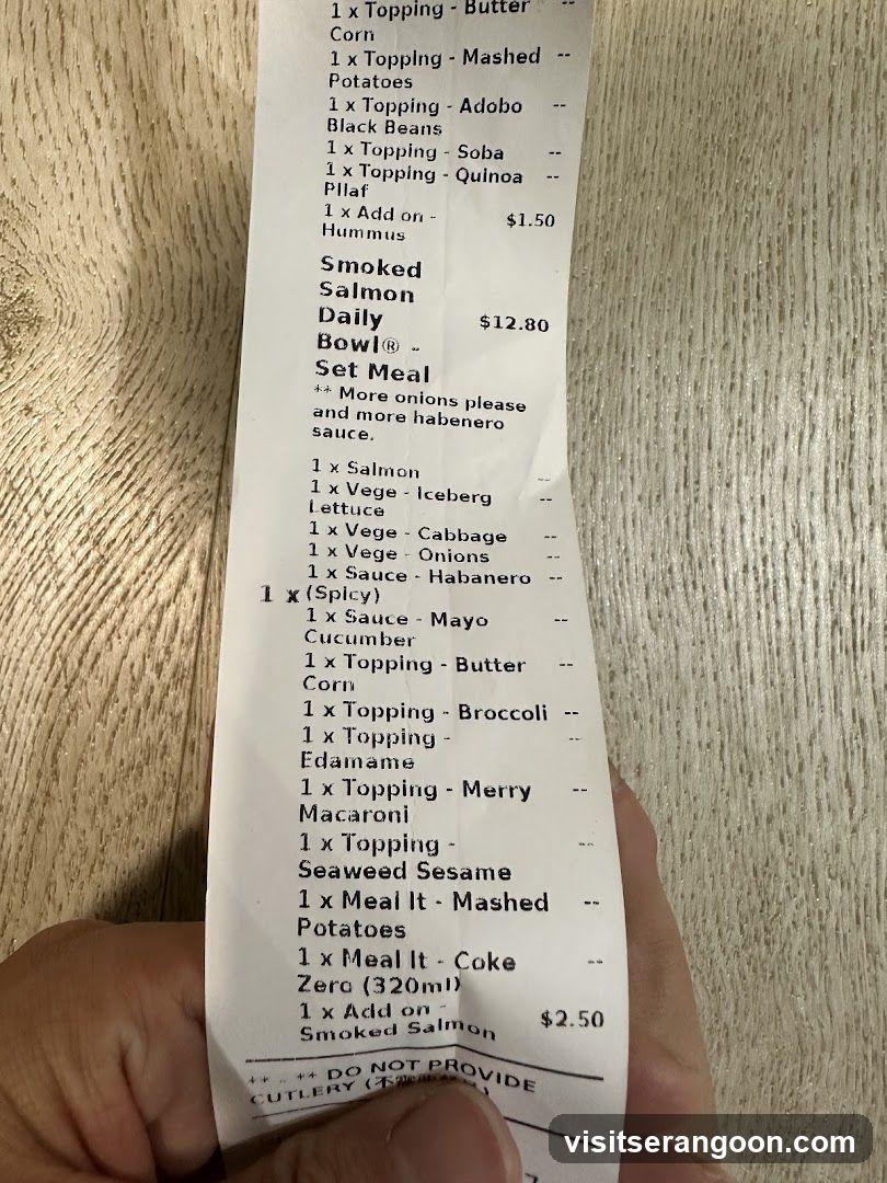 A receipt with a list of food items and their prices.