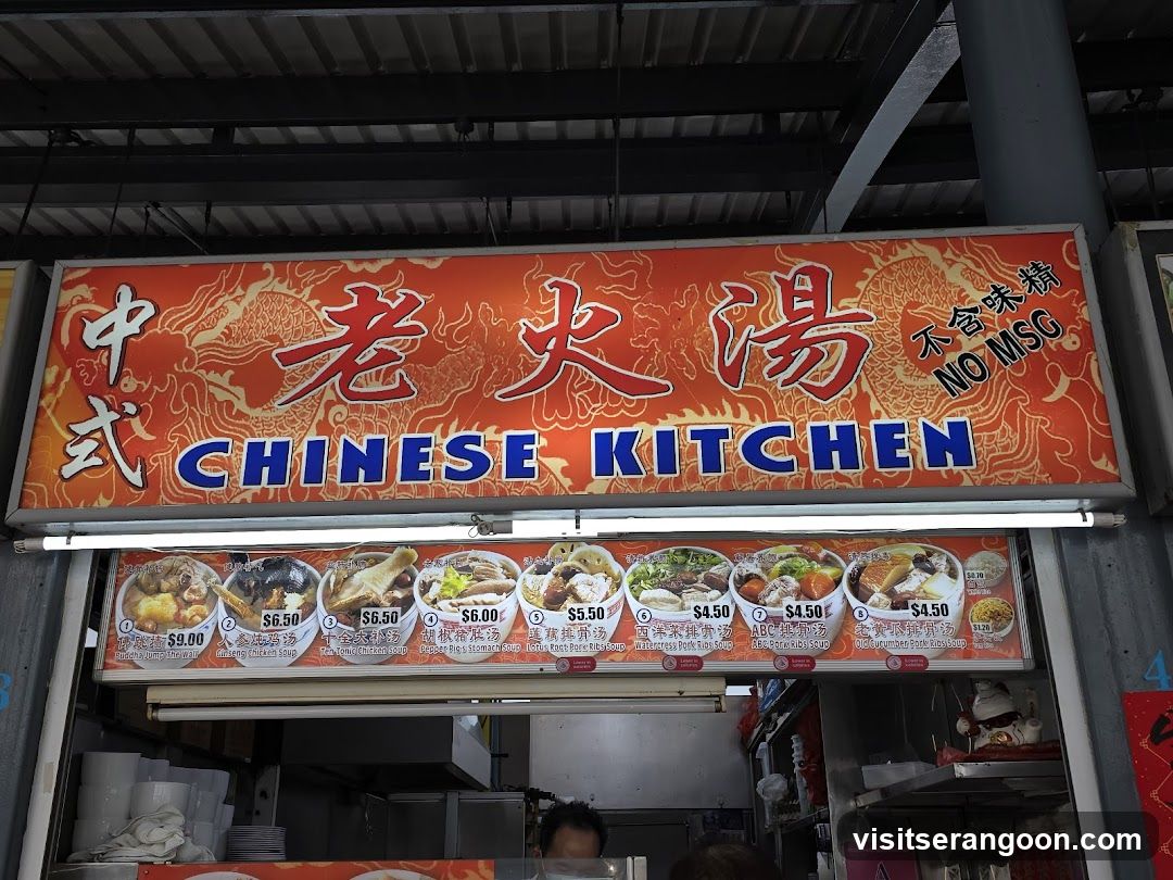A brightly lit sign for "CHINESE KITCHEN" with Chinese characters above and a menu of various soups below. The sign features a dragon motif and states "NO MSG". The menu displays images and prices for several soup dishes.