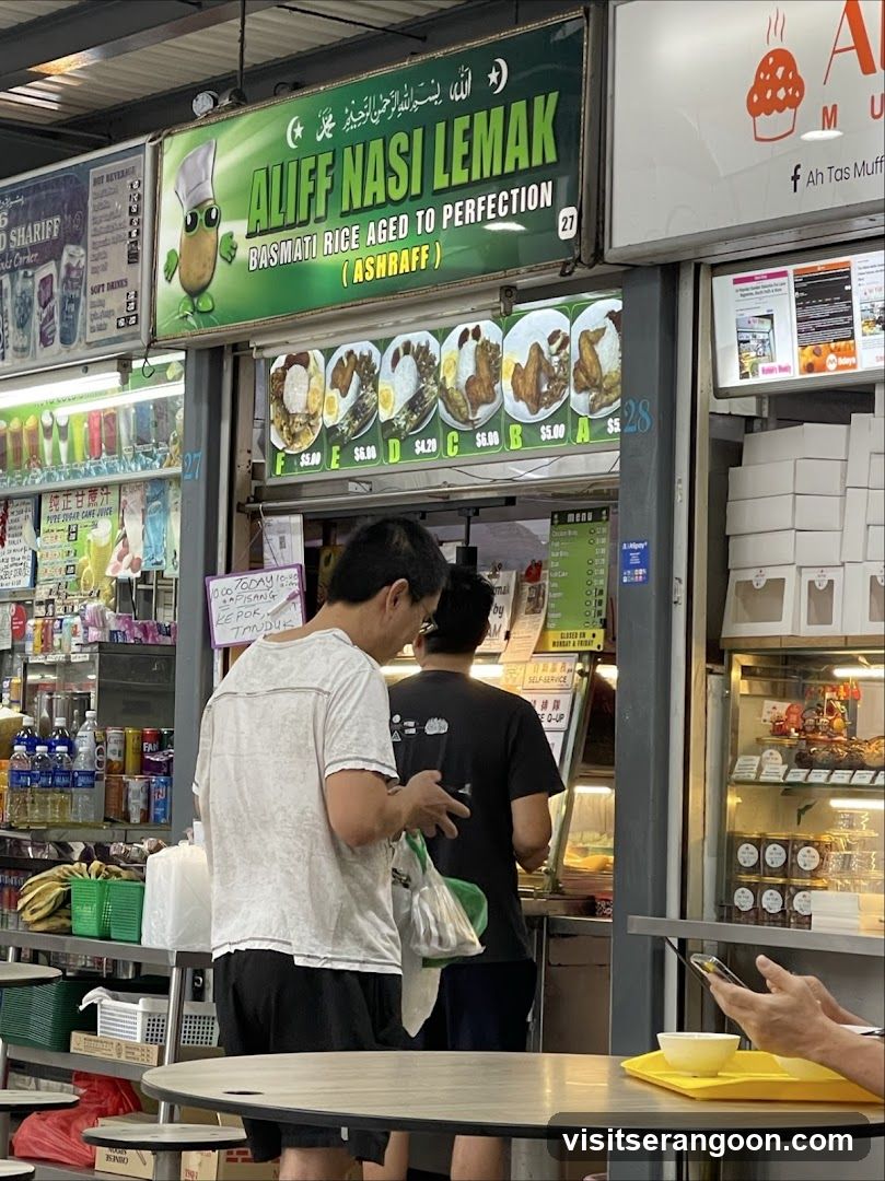 A food stall with a green awning displaying the name "ALIFF NASI LEMAK" and images of various nasi lemak dishes with prices. Below the main sign, there are pictures of food items labeled with letters A through F and corresponding prices ranging from $4.20 to $6.00. To the left, a cooler displays drinks, and to the right, a display case shows baked goods. Two men are standing at the counter, seemingly ordering food.