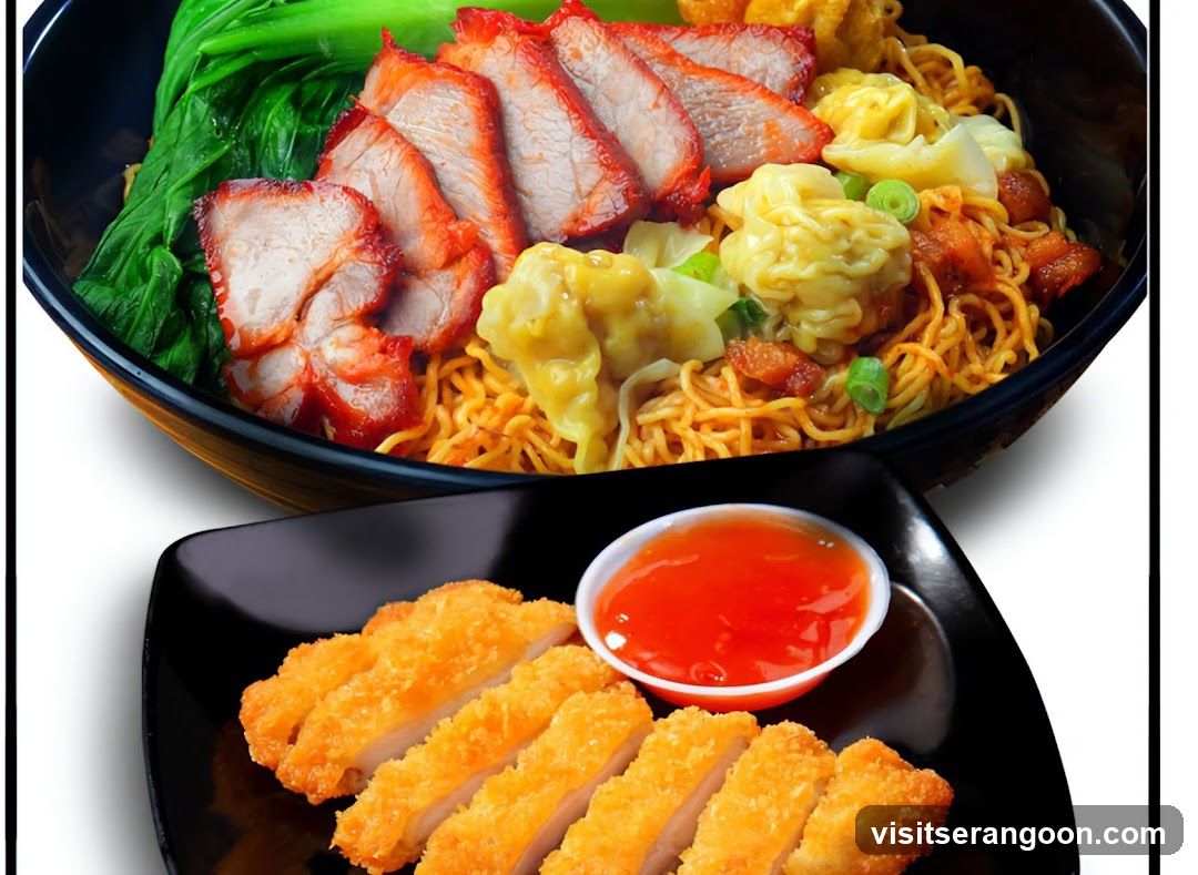 Noodle Dish with Sliced Pork and Fried Chicken
