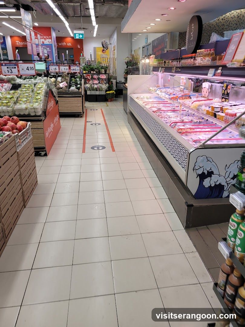Supermarket aisle with produce and refrigerated goods