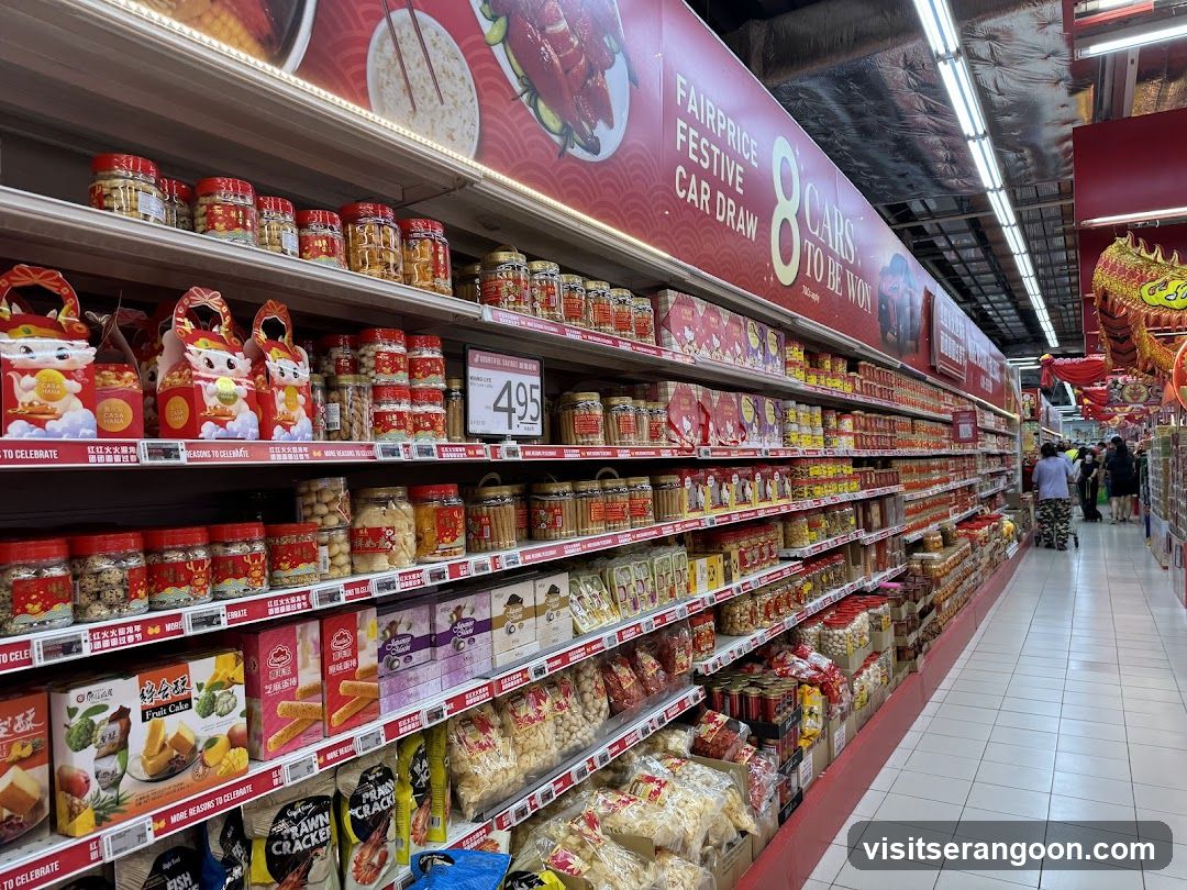 Supermarket aisle with festive decorations