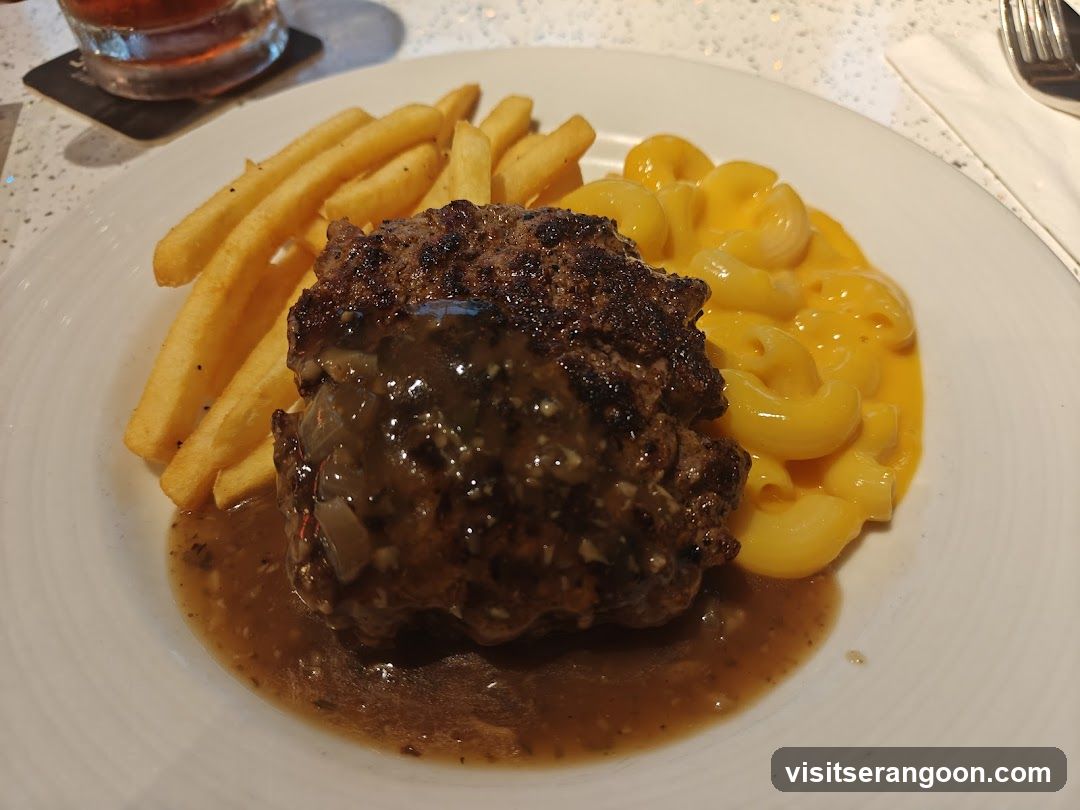 Salisbury Steak with Mac and Cheese and Fries