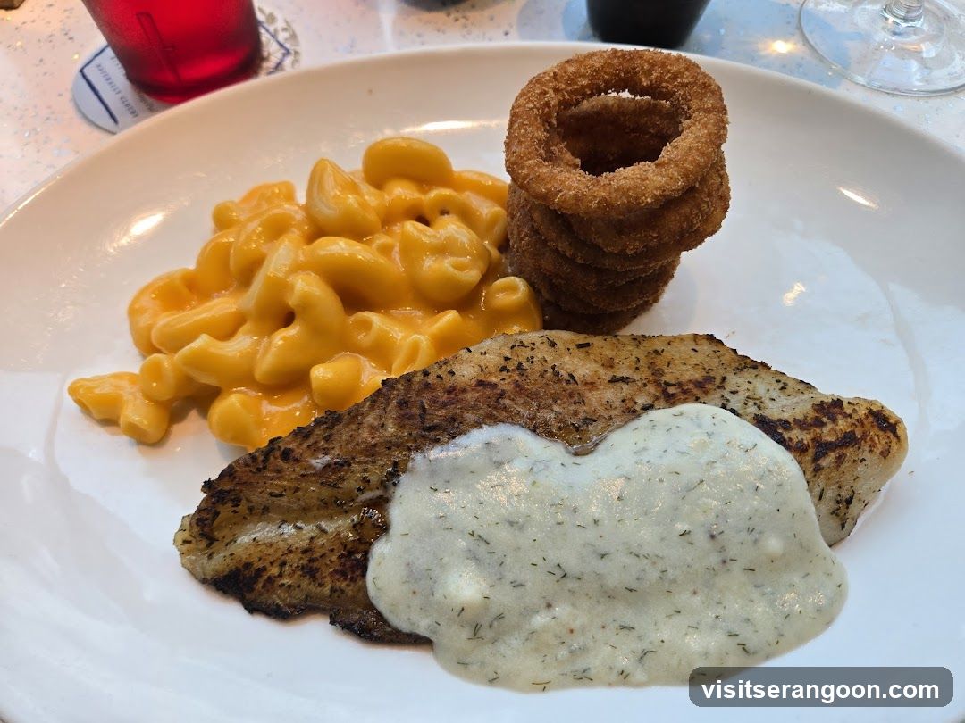 Fish with Mac and Cheese and Onion Rings