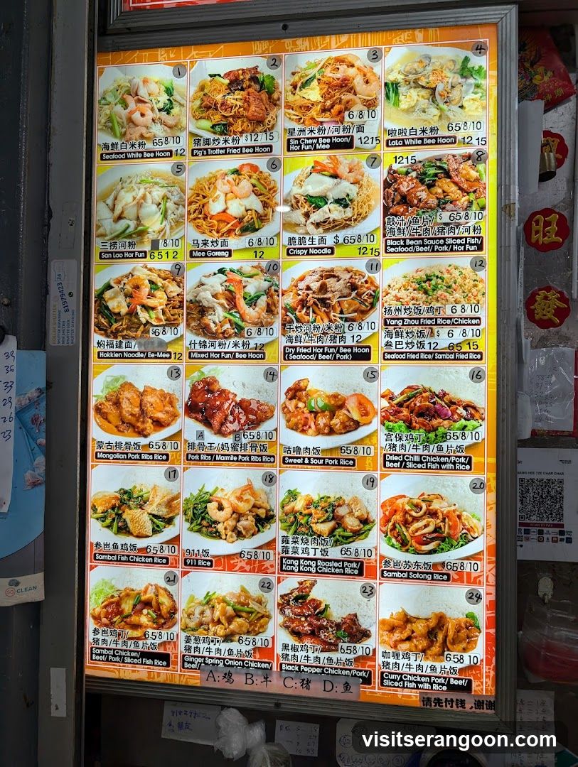 A brightly lit menu board displaying various Asian dishes with images and prices.