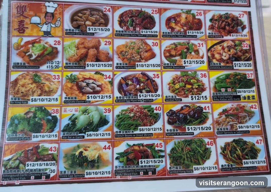 A menu with various Chinese dishes, each with an image, name, and prices.