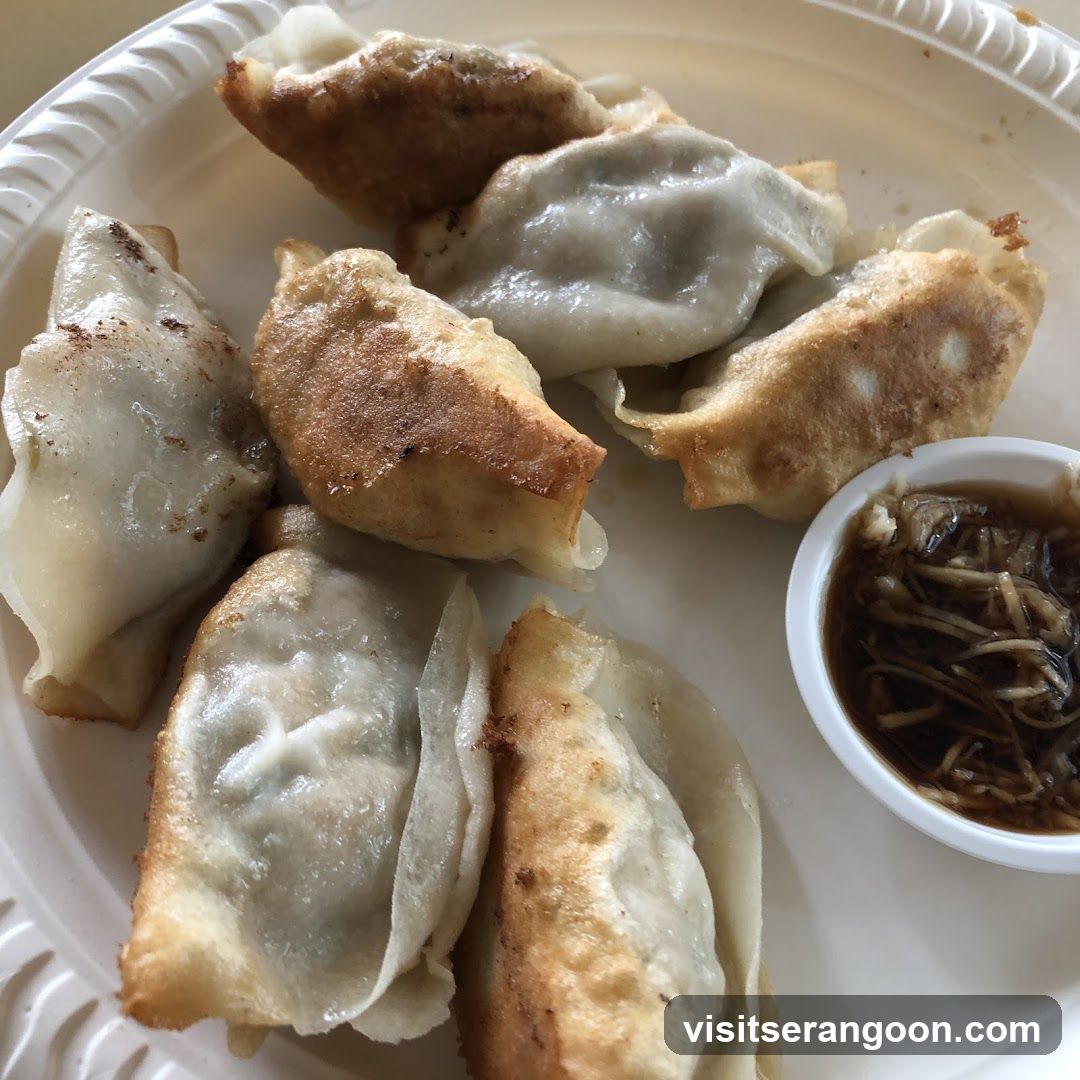 Pan-fried dumplings with dipping sauce