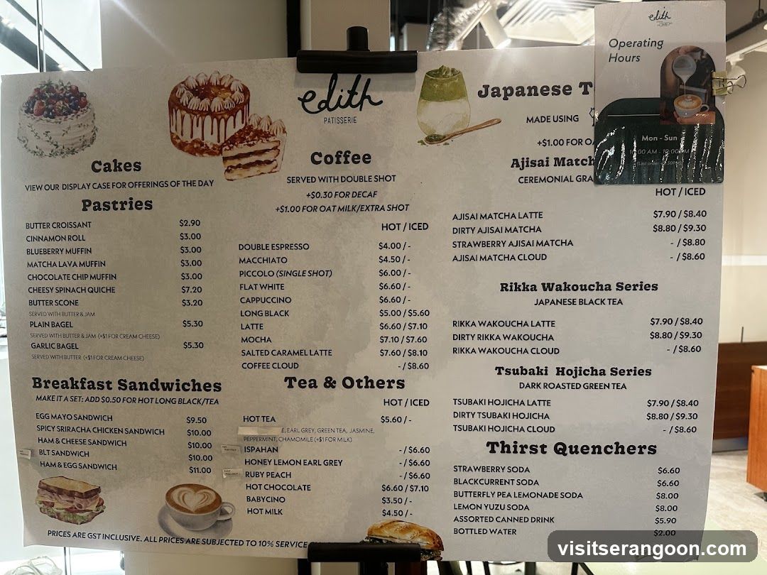 A menu board from Edith Patisserie featuring cakes, pastries, coffee, Japanese tea, hojicha, and thirst quenchers.