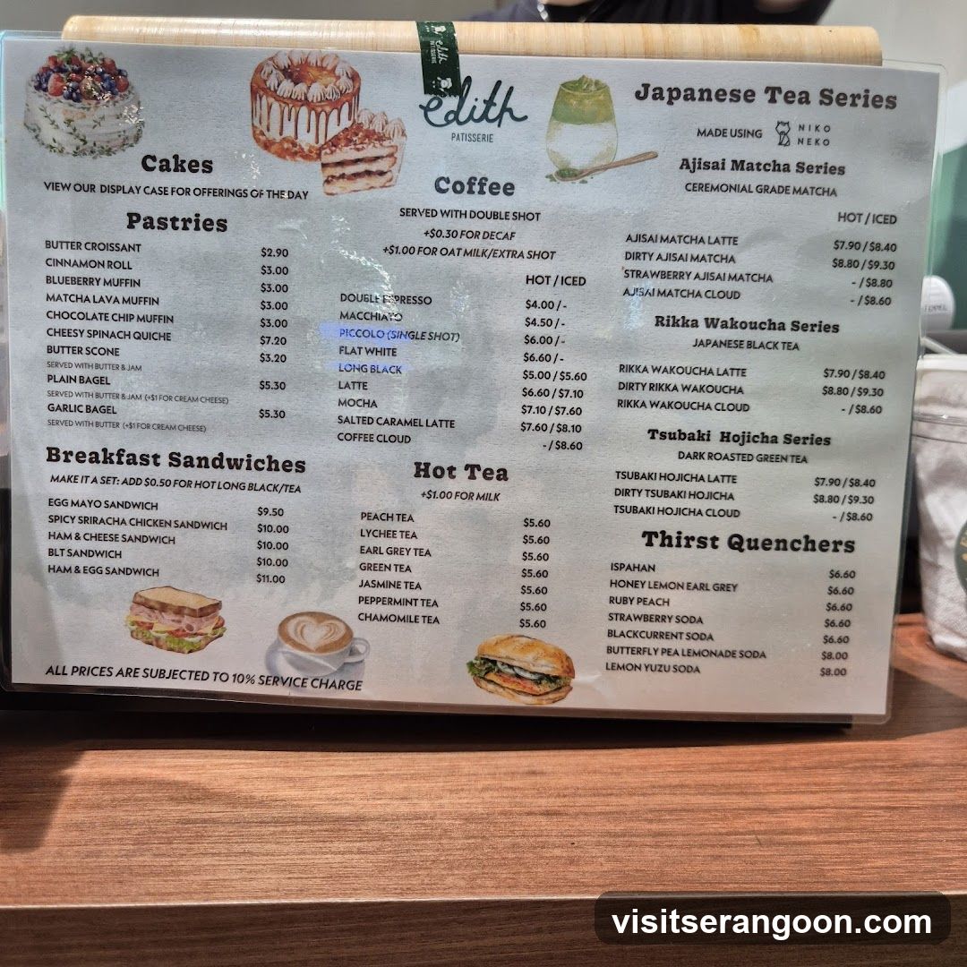 A menu featuring cakes, pastries, breakfast sandwiches, coffee, hot tea, Japanese tea series, and thirst quenchers.