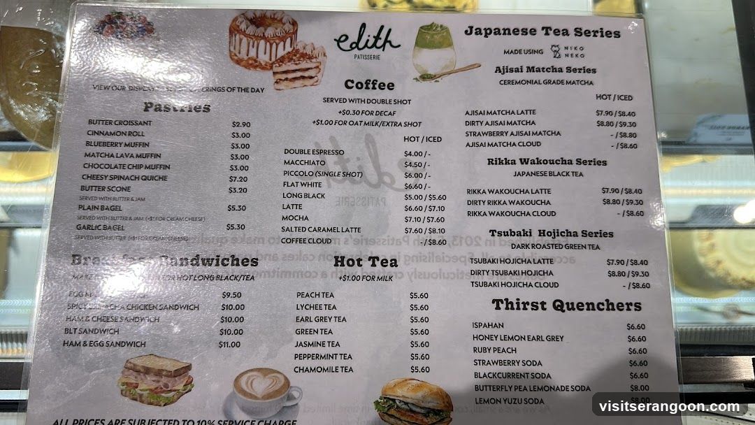 A menu from Edith Patisserie featuring pastries, coffee, hot tea, Japanese tea series, and thirst quenchers.
