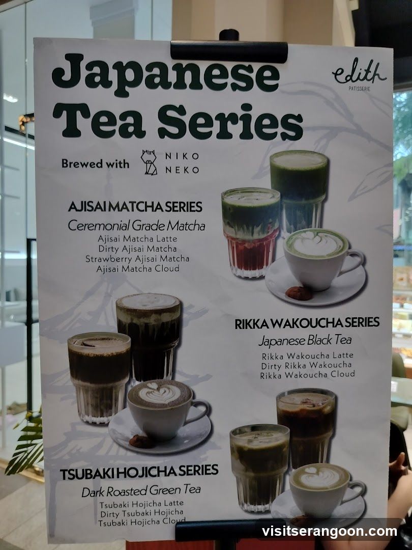 A menu featuring the "Japanese Tea Series" brewed with Niko Neko. It includes three series: Ajisai Matcha, Tsubaki Hojicha, and Rikka Wakoucha.