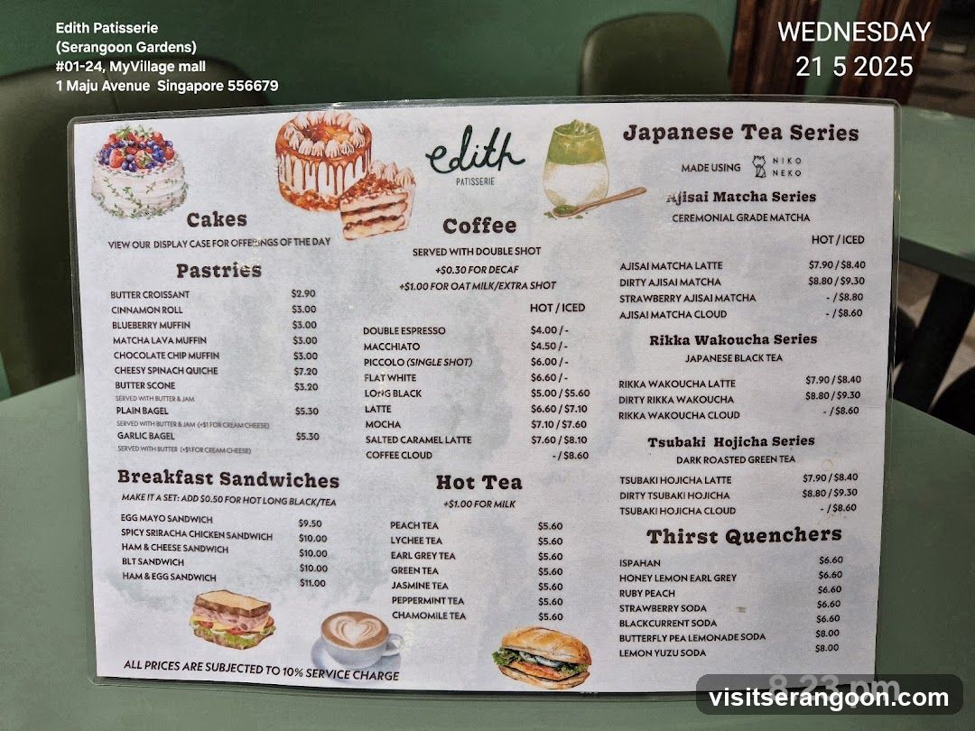Menu for Edith Patisserie featuring cakes, pastries, coffee, Japanese tea series, hot tea, and thirst quenchers.