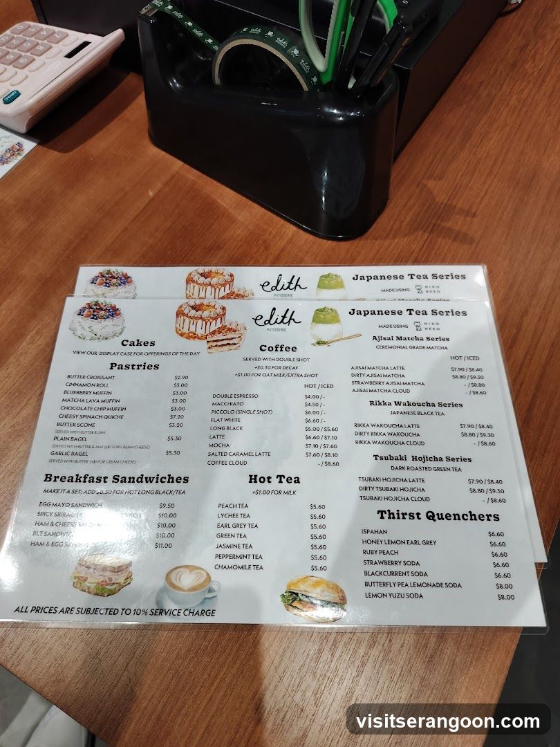 A menu from Edith Patisserie featuring cakes, pastries, coffee, Japanese teas, hot teas, and thirst quenchers.