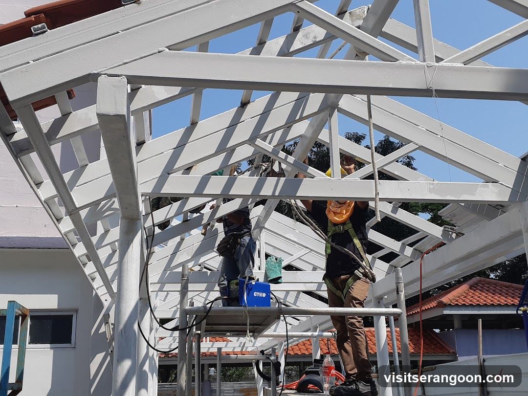 Construction workers on scaffolding