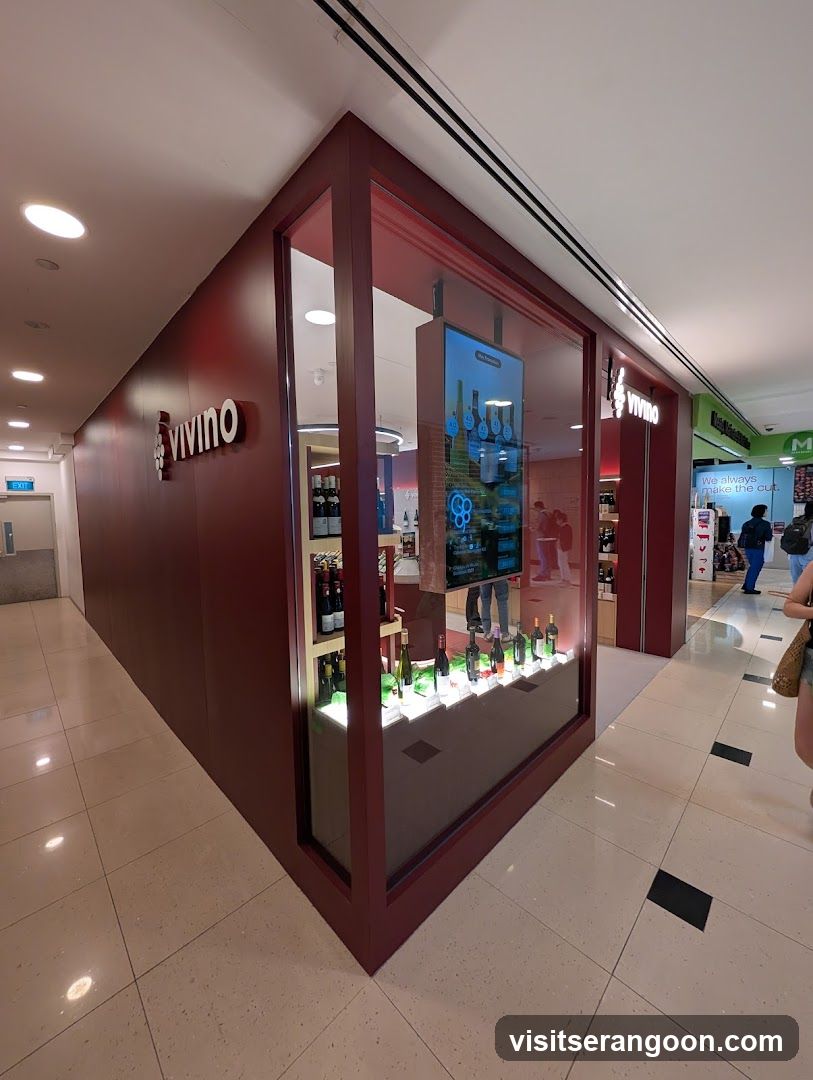 Red exterior wall with 'vivino' logo on the building facade; large glass window displays wine bottles under lighting. Interior shelves stocked with wine are visible through the window. A digital screen inside shows product information or promotions. The floor is tiled, and a few shoppers are seen in the background.