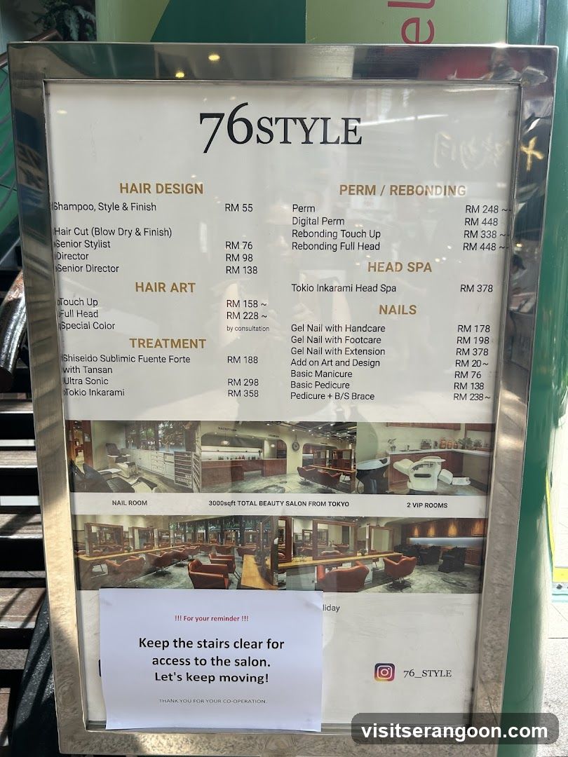 A menu for a beauty salon offering hair design, perm/rebonding, head spa, nails, and treatment services.