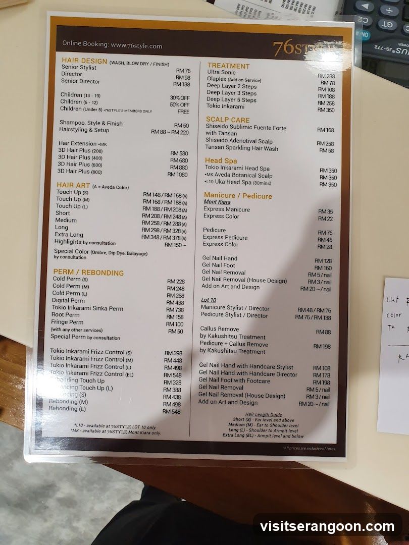 A menu for hair and nail services.