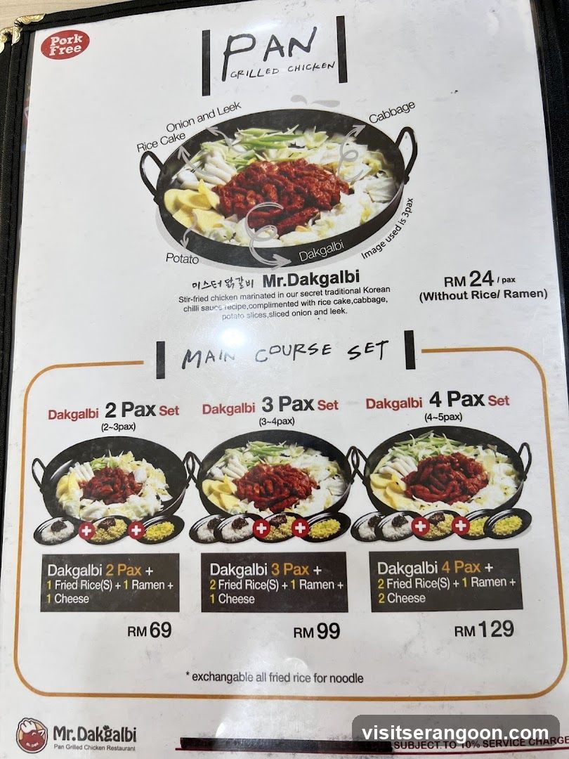 Menu for Mr. Dakgalbi, featuring their signature stir-fried chicken dish.