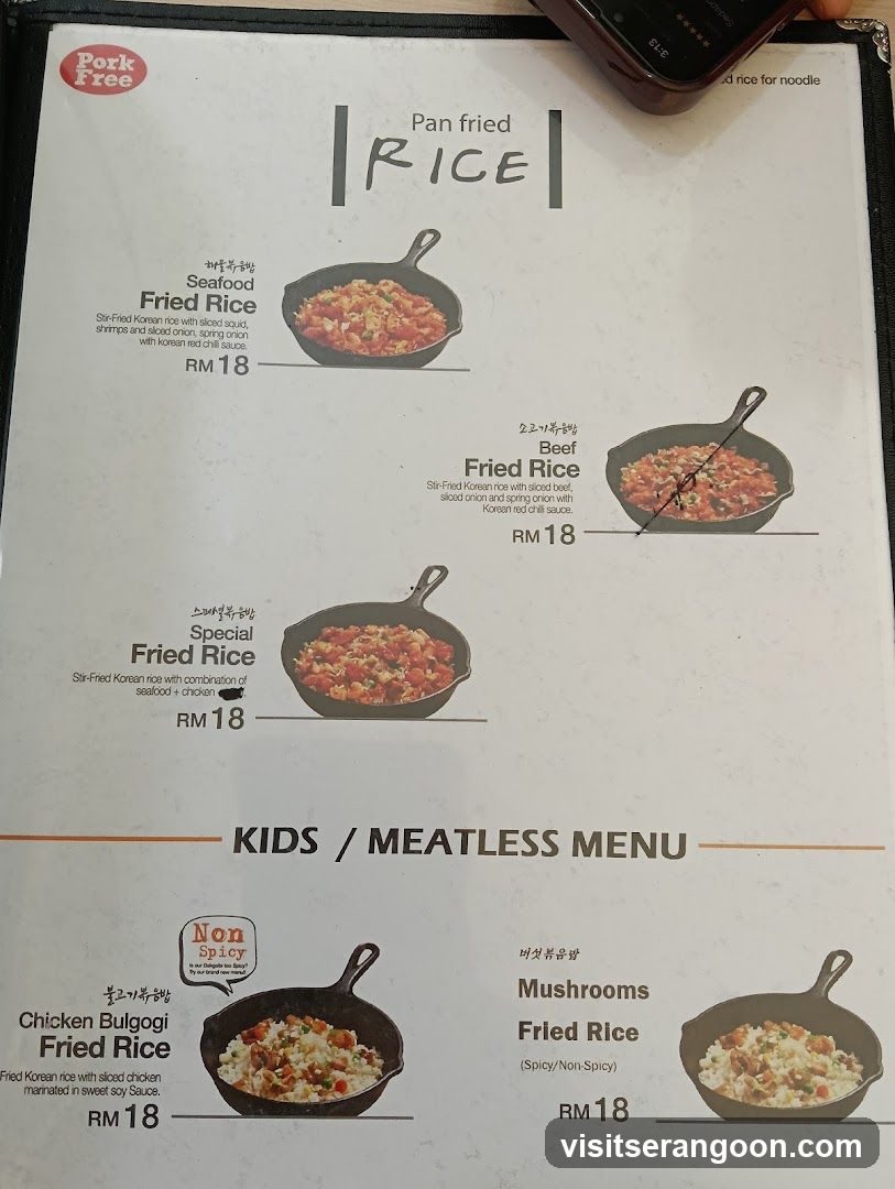 Menu featuring various pan-fried rice dishes.