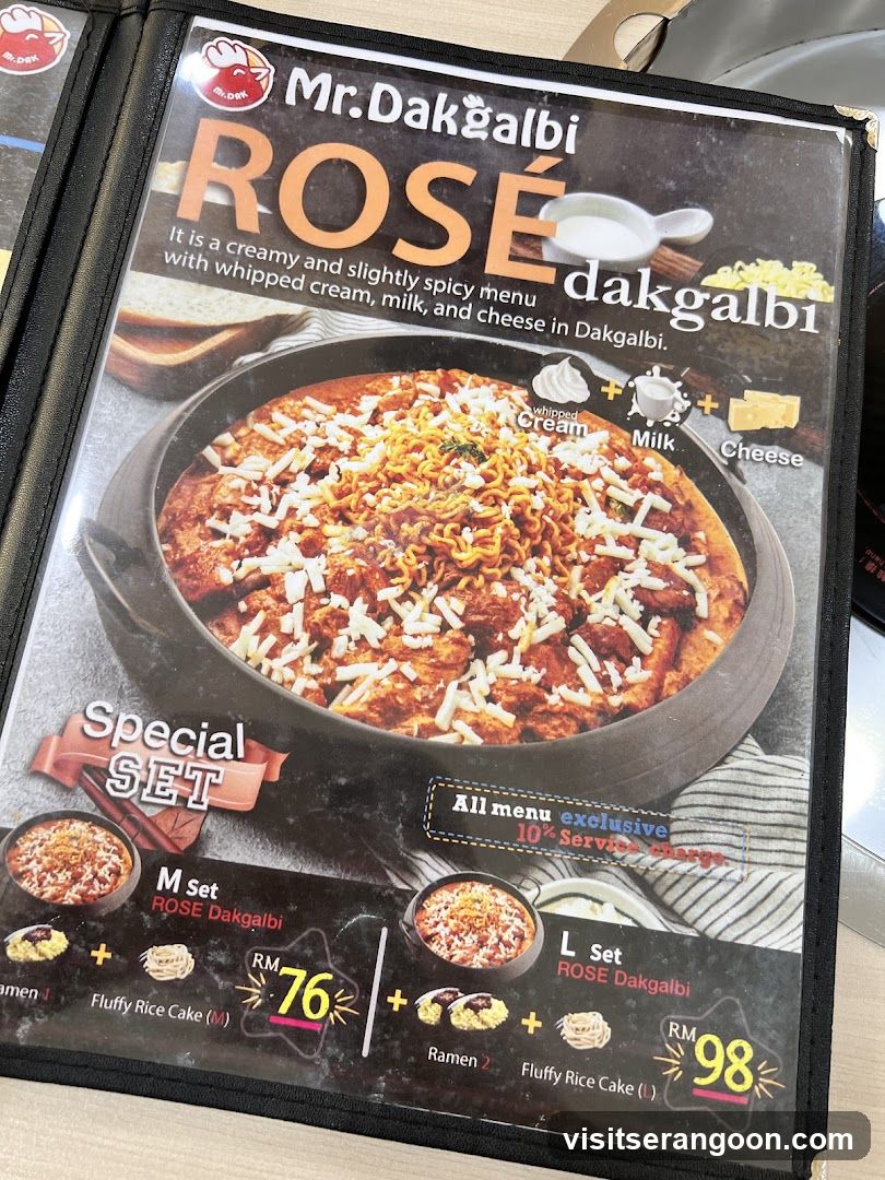 Menu featuring ROSE Dakgalbi, described as a creamy and slightly spicy dish with whipped cream, milk, and cheese. Includes special set meals.