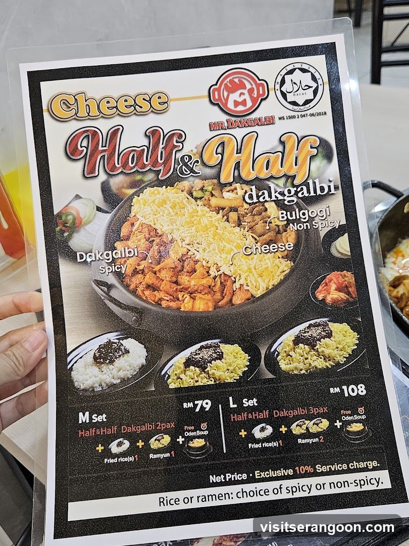 Menu featuring Cheese Half & Half Dakgalbi with options for spicy or non-spicy.