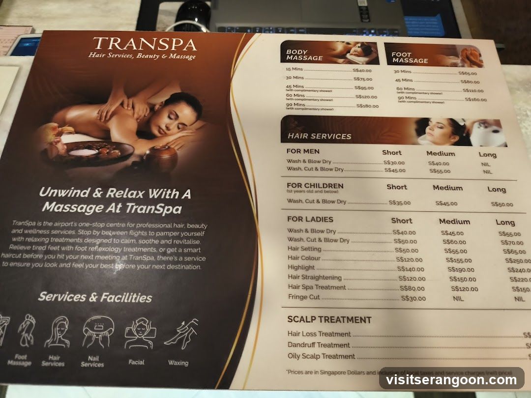A printed menu from Transpa, an airport one-stop centre offering hair services, beauty treatments, and massages. The menu includes sections for Body Massage, Foot Massage, Hair Services (Men, Children, Ladies), Scalp Treatment, and a list of services with icons.