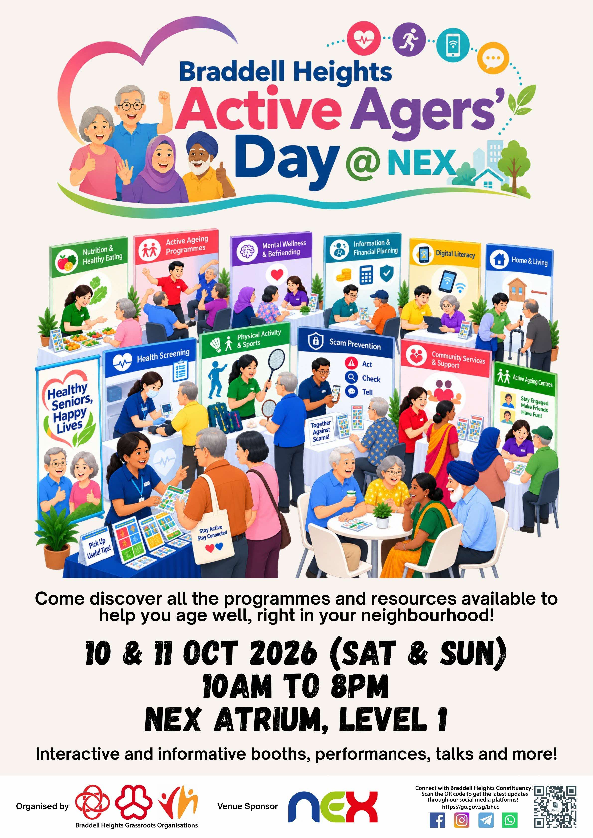 Braddell Heights Active Agers Day poster at NEX Level 1 Atrium, 10 and 11 October 2026