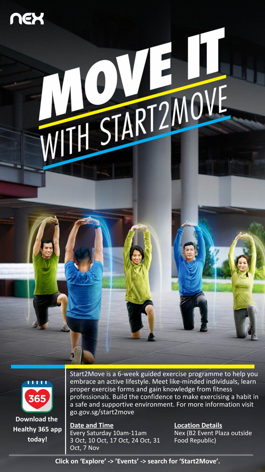 Start2Move by Health Promotion Board poster at NEX Serangoon Event Plaza